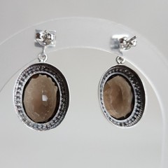 Vintage Sterling Silver Smoky Quartz Dangle Earrings | Oval Faceted Stones