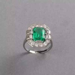 14k White Gold Finish Art Deco Style Lab Created Diamond & Emerald Wedding Ring