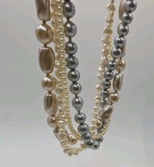 Vintage Faux Pearl Multistrand Round Baroque White Champagne Grey Statement 19.5