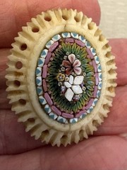 19C Antique Micro Mosaic Brooch Carved Bone Frame Italy Grand Tour missing clasp