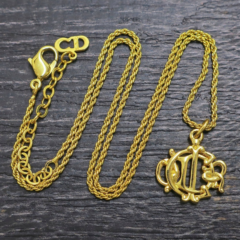 Christian Dior Gold Plated Logo Charm Chain Necklace Pendant #1319c Rise-on