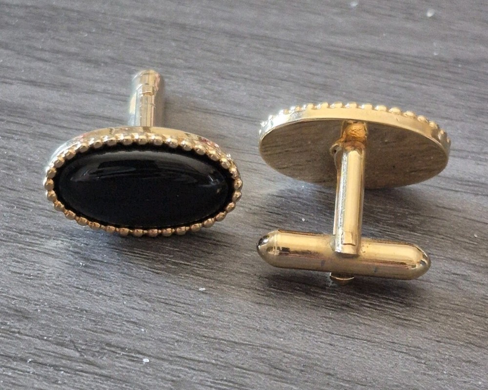 Oval Black Onyx Gold Tone Cufflinks Bullet Back Vintage