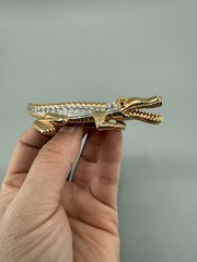 Vintage Gold Tone Alligator Crocodile Brooch Rhinestone Red Eyes Pin Open Mouth