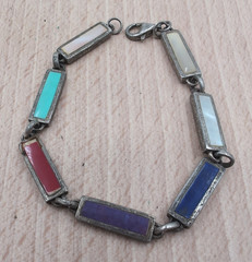 Vtg Southwestern Silver Double-sided Bracelet Multi Stone & Mother Of Pearl