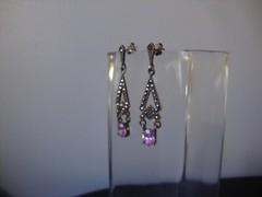 VINTAGE OPENWORK TEARDROP PINK TOPAZ W/MARCASITE SILVER 925 DANGLE STUD EARRINGS