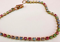 Vintage Rhinestone Bracelet Pastel Multi Color Gold Tone Tennis Cup Chain 6.75″