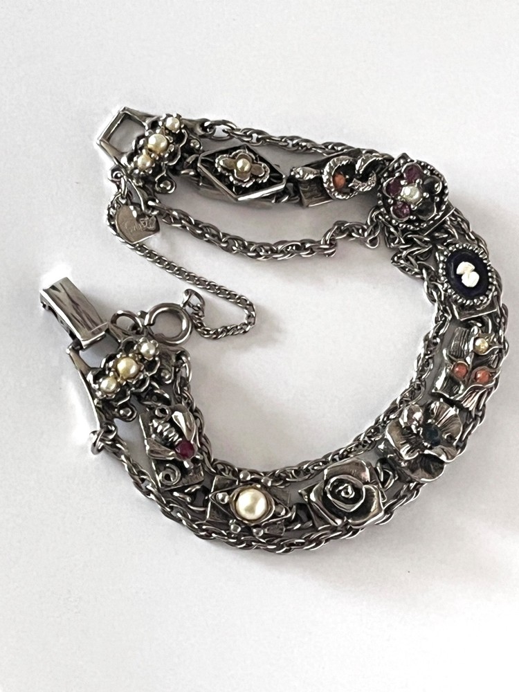 Judy Lee 3 Strand Goldette Slide Bracelet Victorian Revival Silver Tone 7″ Vtg