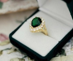 Pear Cut Emerald & Lab Created Diamond Halo Wedding 14Ct Yellow Gold Finish Ring