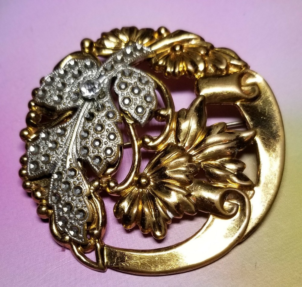 Victorian Vintage Repousse Flower Art Nouveau Art Deco Brooch 2″ Fine Detail