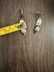 Vintage Ceramic Feather Dangling White Pierced Earrings w/ Painted Bear 2219