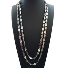 Vintage Flat Disc Necklace Extra Long Chain Link 56 in Silver Tone Metal Layered