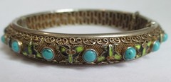 VINTAGE CHINESE STERLING SILVER ENAMEL TURQUOISE HINGED BANGLE BRACLET EXPORT