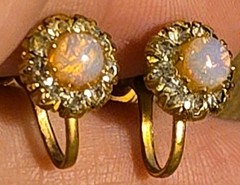 Vintage Pink Fire Opal And Rhinestone Screwback Earrings Gold tone