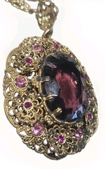 Vintage West Germany Ornate Flower Rhinestone Filigree Necklace Purple Amethyst