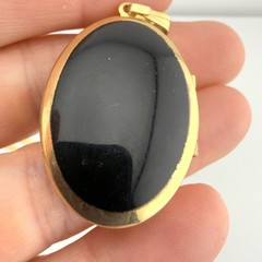 Vintage Gold Tone Black Oval Monogram Locket Necklace