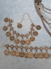 Vintage Bohemian Silver-Toned Coin Bracelet Anklet Dangle Charm ADJ. & Broach.