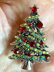 Green AB Rhinestone Christmas Tree Brooch 1.8X1.2 inches