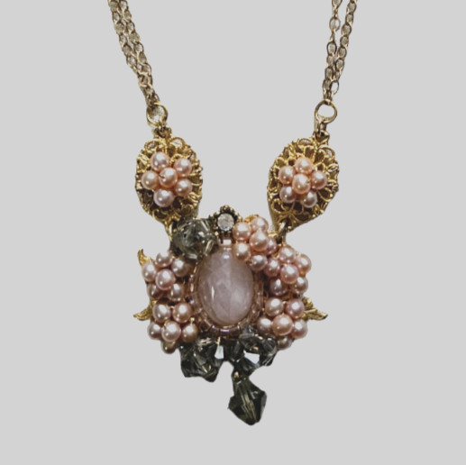 Vintage Genuine Pink Pearls, Crystal & Rose Quartz Wired Filigree Necklace~16″