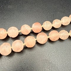 Chinese Export Blush Pink Carved Rose Quartz Necklace Floral Pendant 17 Inches
