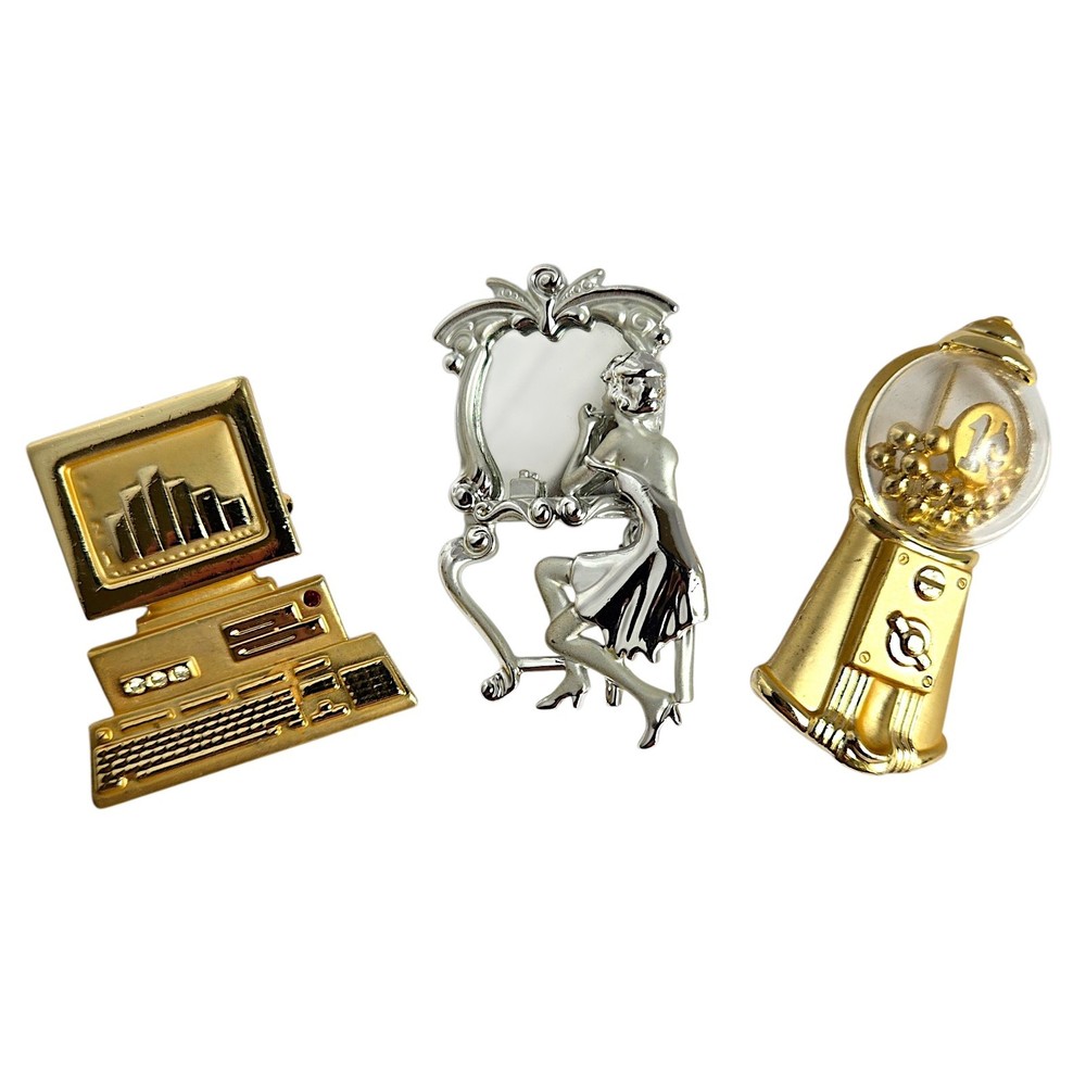 AJC Brooches Computer Woman Mirror Vanity Gumball Machine Gold Silver Lot of 3