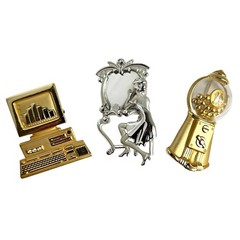 AJC Brooches Computer Woman Mirror Vanity Gumball Machine Gold Silver Lot of 3
