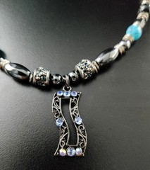 Vintage 90s Silver Art Deco Pendant Necklace Blue AB Crystals Rhinestones 18″