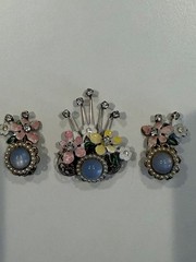Vintage 1950s Floral Enamel Brooch & Clip-On Earrings Set Pastel Blue Cabochon