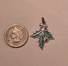 Christmas Holly Leaves Green Red Enamel Sterling Silver 925 Charm Leaf Pendant