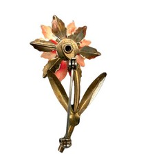 Vintage Flower Pin Brooch Soft Pink And Green Enamel Dimensional Metal Stemmed