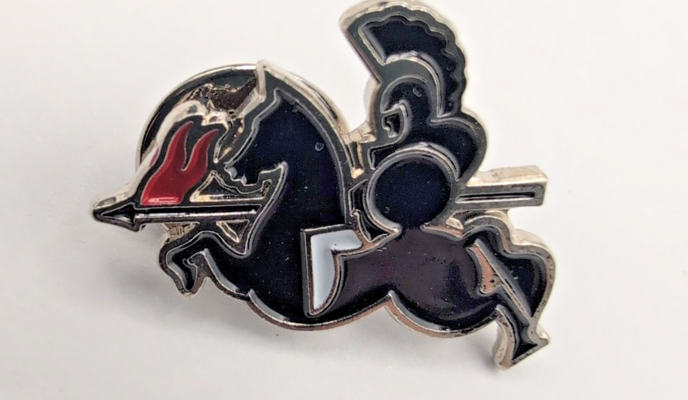Black Knight on Horseback Red Flag Battle Vintage Tack Pin