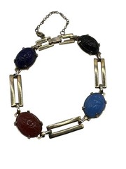 Vintage Egyptian Revival Carved Glass Scarab Bracelet Safety Chain READ