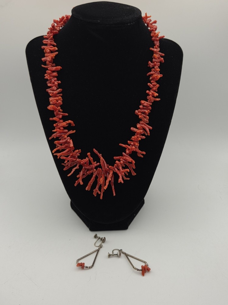 Vintage Long BRANCH CORAL NECKLACE With Spiky Spiny Sterling Screw Back Clip On