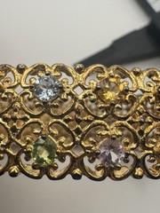 Vintage 925 China Gold Vermeil MultiGemstone Filigree Hinged Bangle Bracelet 30g