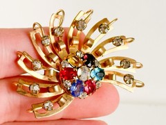 M&S VTG Brooch Pin Pendant 12KT GF Art Deco Faceted Rhinestones Design Costume