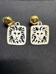 Anne Klein Earrings Gold White Square Lion Head Logo Pierced Dangle Vintage