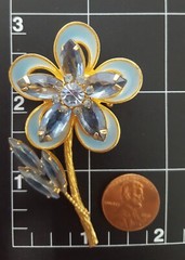 Vintage Blue Glass Rhinestone Enamel Flower Brooch Marquise Round Gold Tone Pin