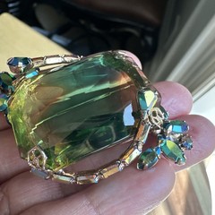 VTG Shadowbox Cocktail Brooch 2 Inch Vitrail Emerald Cut Blue AB Gold Filigree