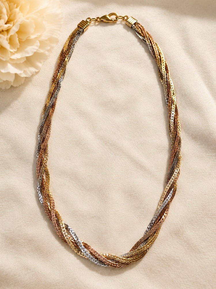 Vintage Tri Tone Twisted Herringbone Necklace Gold Silver Rose Gold Tone Chain