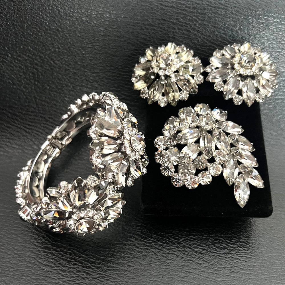 Vintage La Roco Art Deco Clear Crystal Rhinestone Bracelet Earrings Bracelet Set