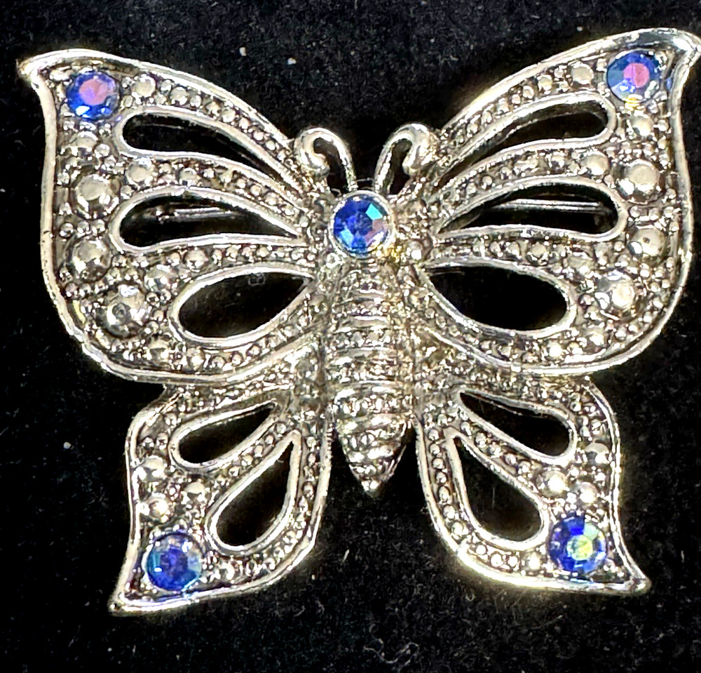 AAi Silvertone Butterfly Brooch/Pin Blue Rhinestones 1.5″ Vintage