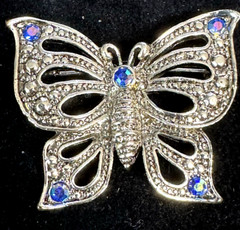 AAi Silvertone Butterfly Brooch/Pin Blue Rhinestones 1.5″ Vintage