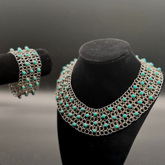 Vintage Taxco Sterling Mesh Link Necklace(14in) & Bracelet (6.75in) Set 130.87gm