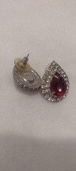 Vtg Red Ruby & Diamond Cubic Zirconia Rhinestone Earrings, Prong Set Silver Tone