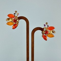 Vintage Rhinestone Clip On Earrings Orange Yellow Frosted Lucite Flower Climbers