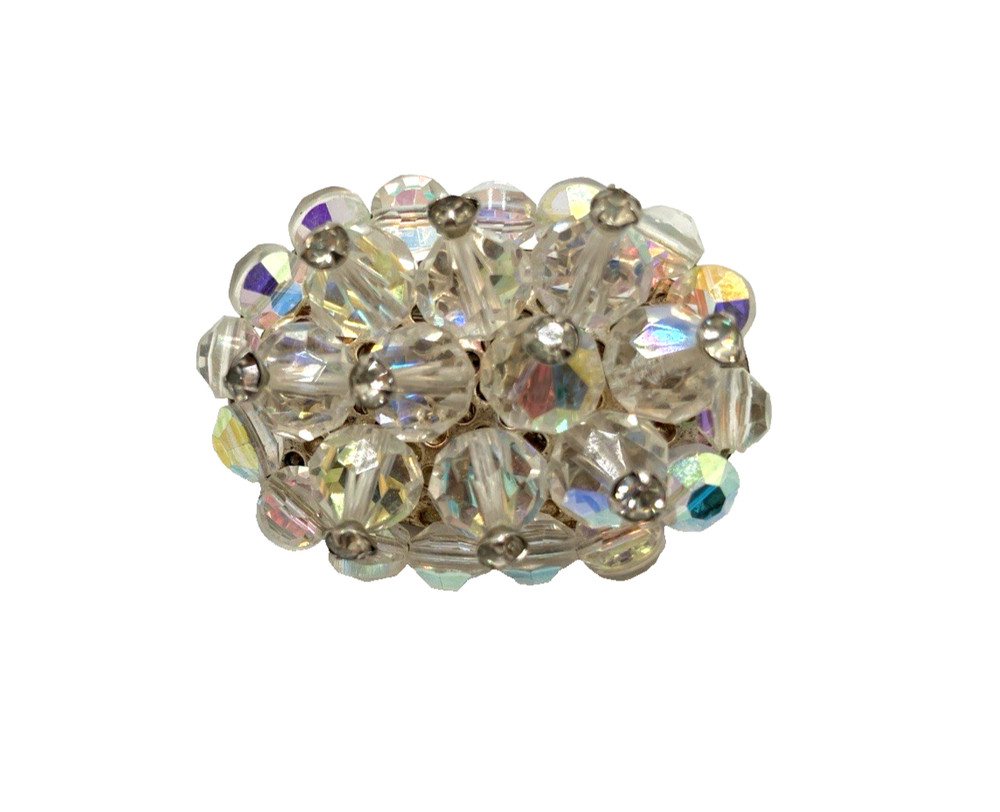 Silver Tone Oval Costume Brooch with Aura Borealis Beads, 33mm by 24mm