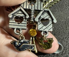Tri-Colored Birdhouse Brooch Pin Sunflower Leaves Dangling Birds Fall Vintage
