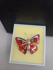 VTG Glittery Butterfly Enamel Brooch Pin 60’s 70’s Orange Yellow Goldtone in Box