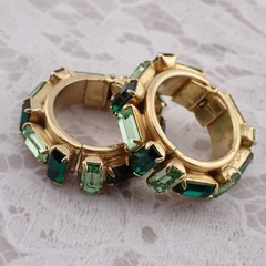 Vintage Unique Green Rhinestone Hinged Hoop Gold Tone Clip Earrings