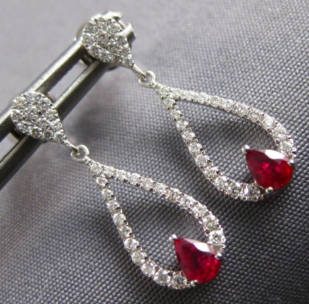 .62CT DIAMOND & AAA RUBY 14KT WHITE GOLD CLASSIC TEAR DROP HANGING FUN EARRINGS