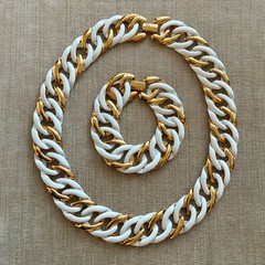 Napier Necklace Bracelet Set White Enamel & Gold Plated Chain Link Statement